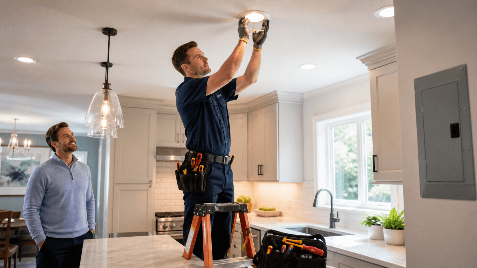 Electrician in blue gloves repairs a wall outlet with tools beside a circuit breaker panel.