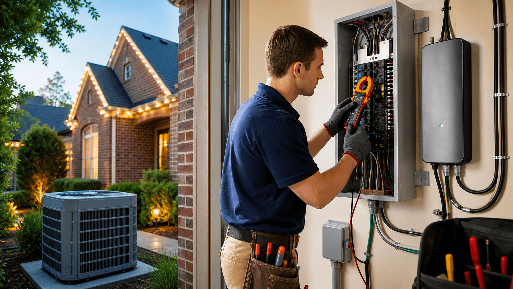 Split home scene with glowing AC unit, flickering lights, and lightning surge over dark blue sky