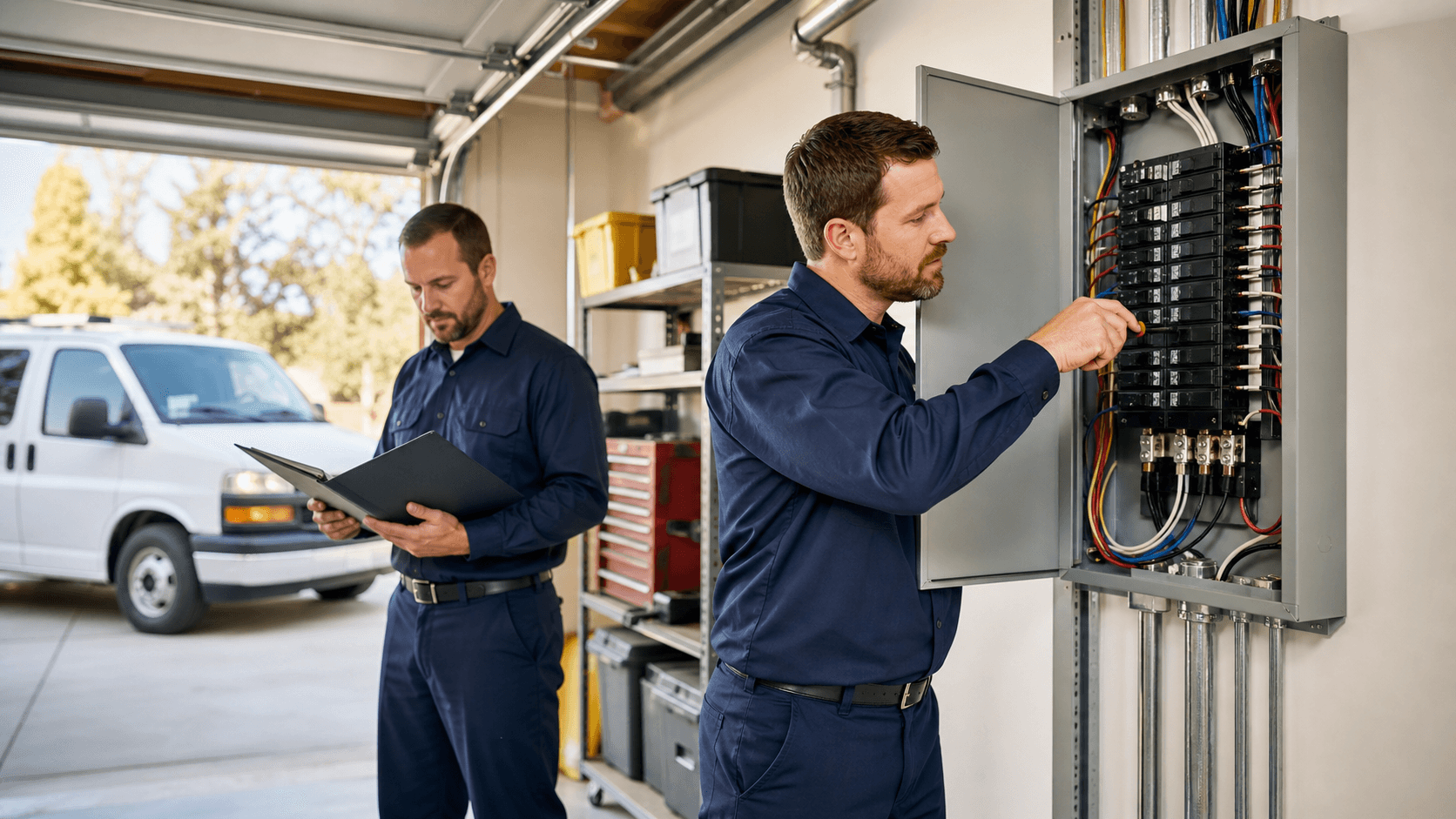 Open electrical panel with neatly labeled breakers, tools, and warm garage lighting.