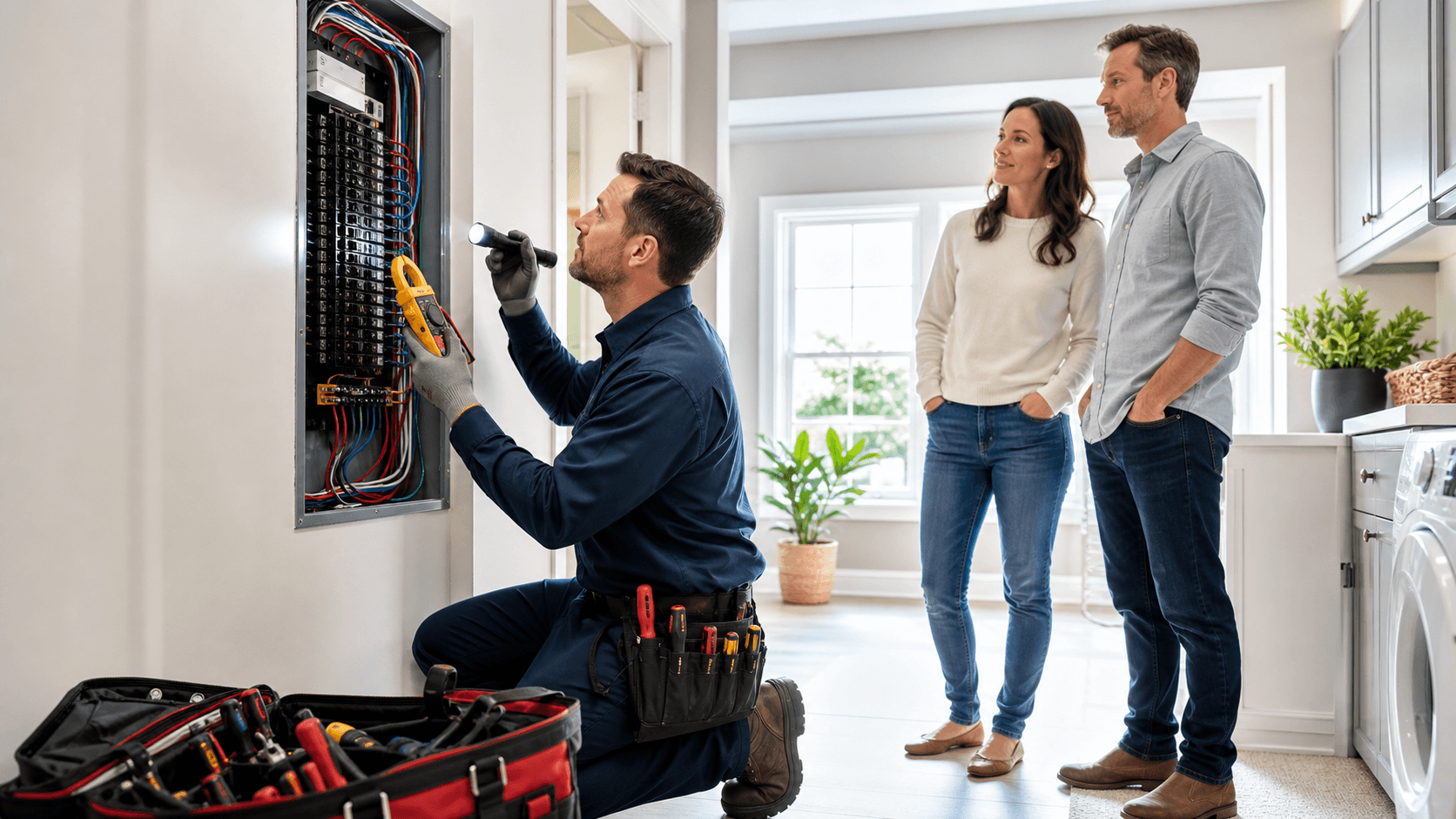 Electrician in hard hat checks a breaker panel with a multimeter in a bright, modern utility room.