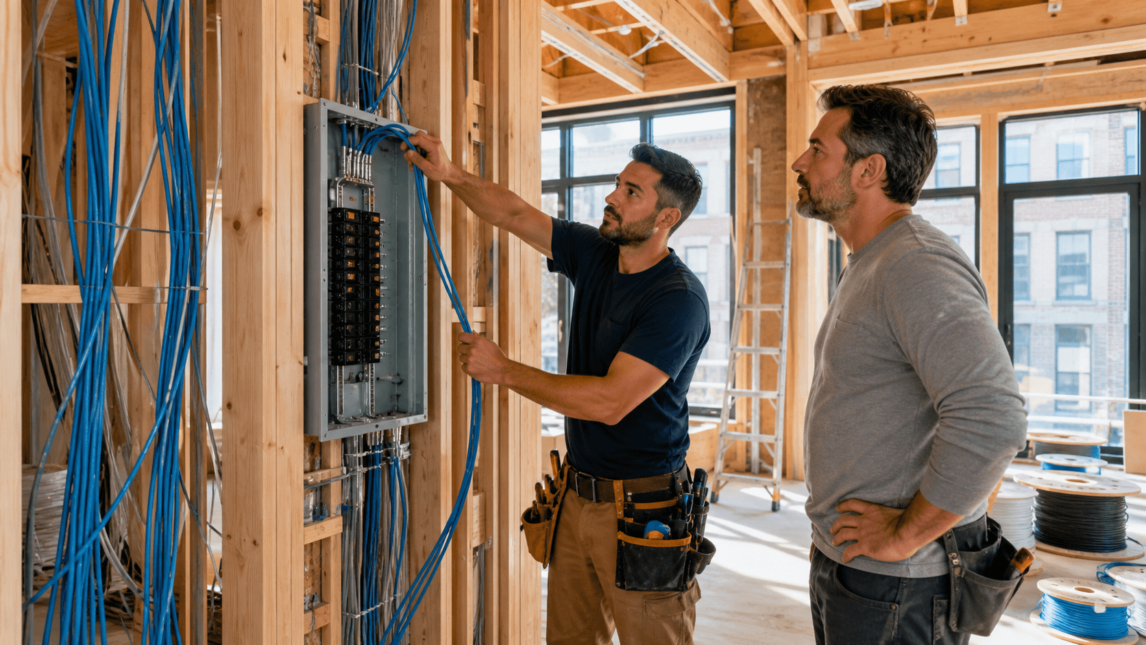 Electrician in a yellow hard hat installs wiring in a bright, unfinished Chelsea apartment.
