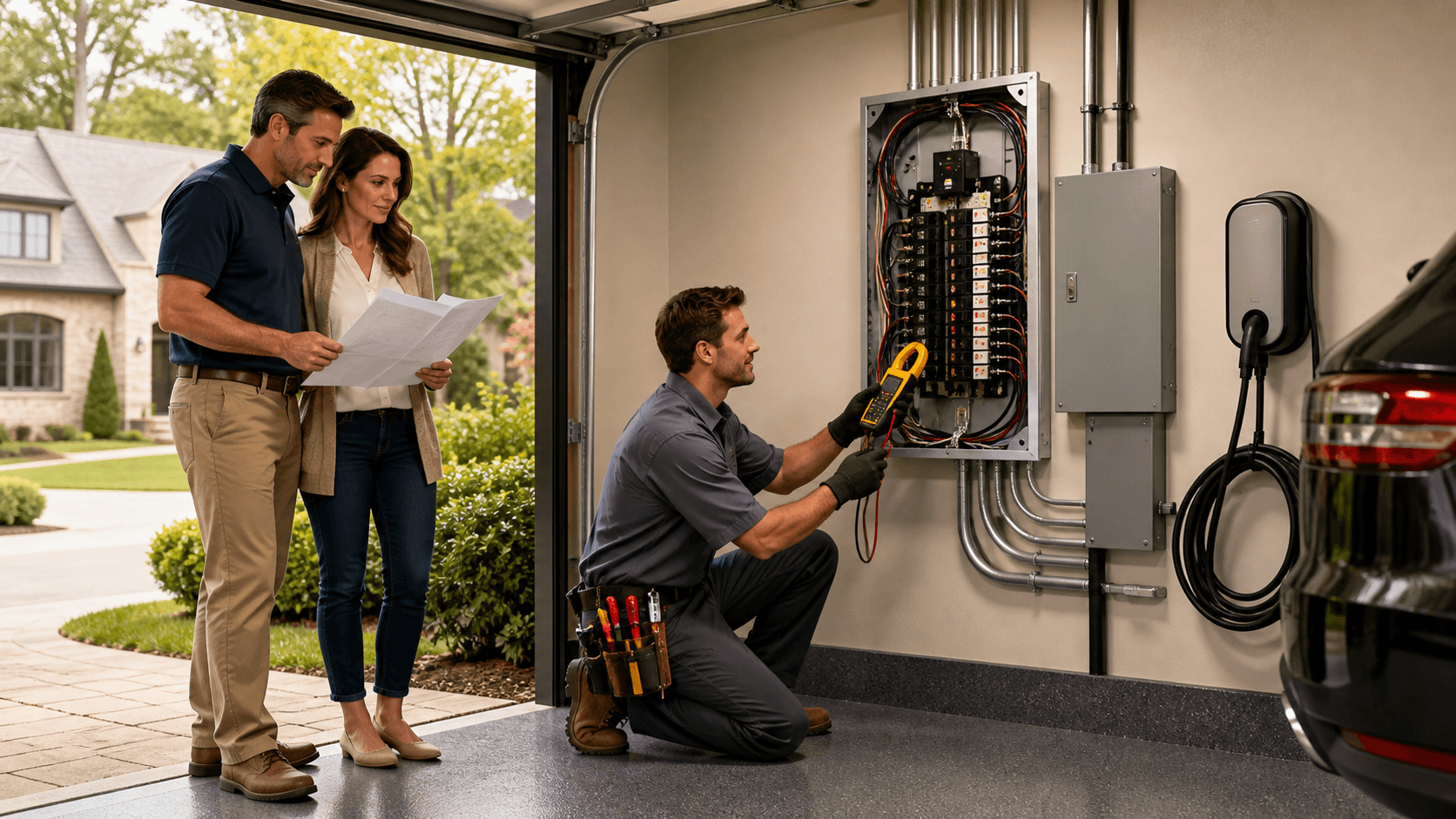 Electrician inspecting an open circuit breaker panel in a bright, modern home utility room