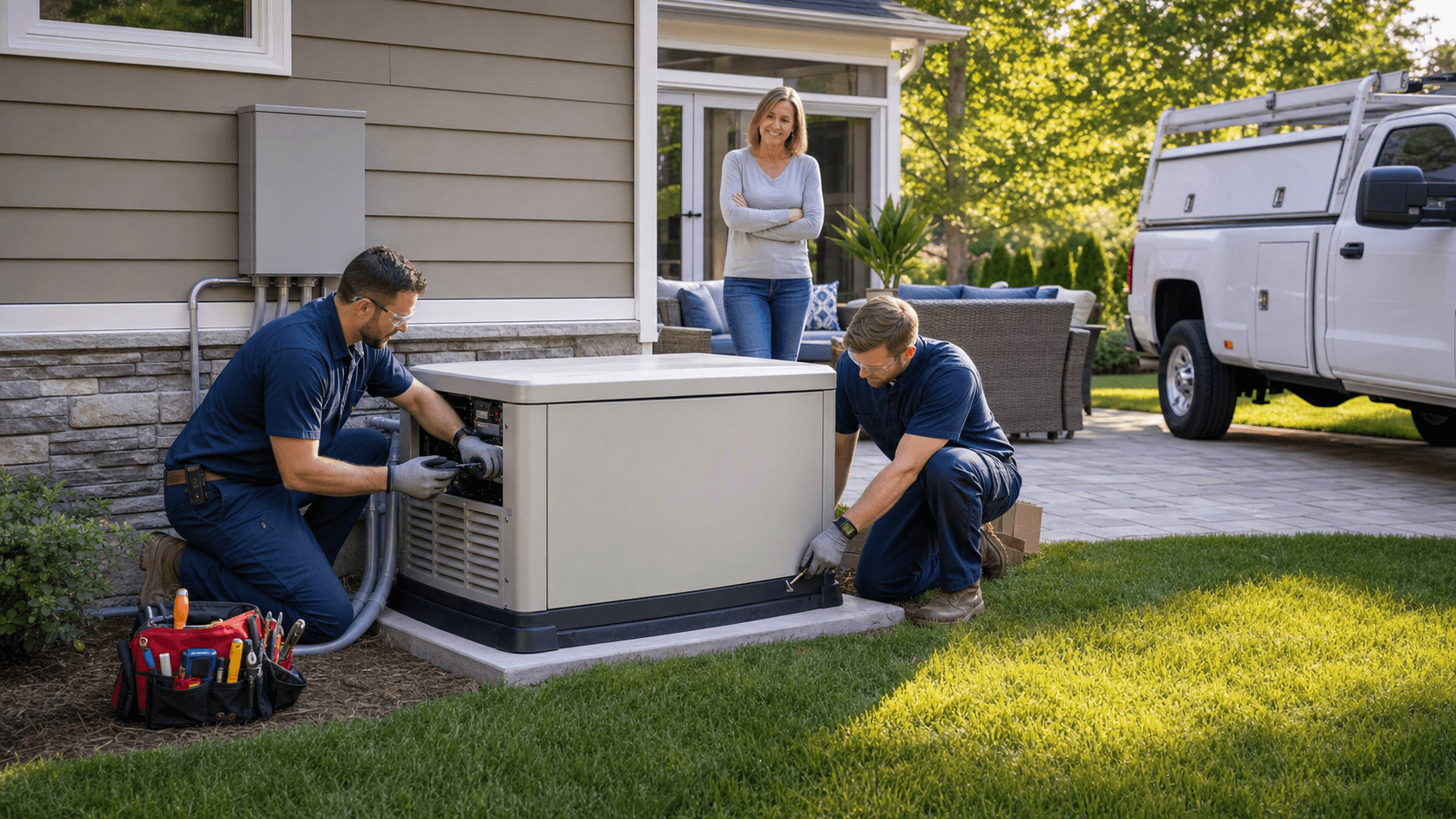 Technician installing a standby generator beside a brick home, connecting wires to an outdoor electrical panel.